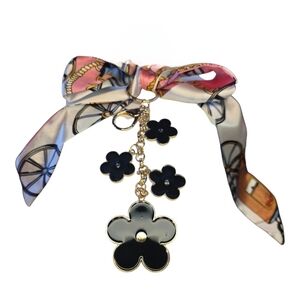 Floral Black Enamel Goldtone Pink Twilly Bag Charm Key Holder